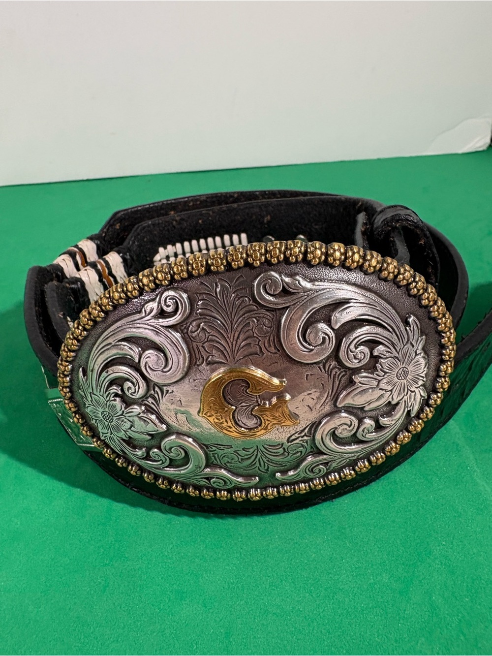 Nocona Black Belt w/ Silver Floral Tooled Buckle & Gold Accent - cowboy size 36”